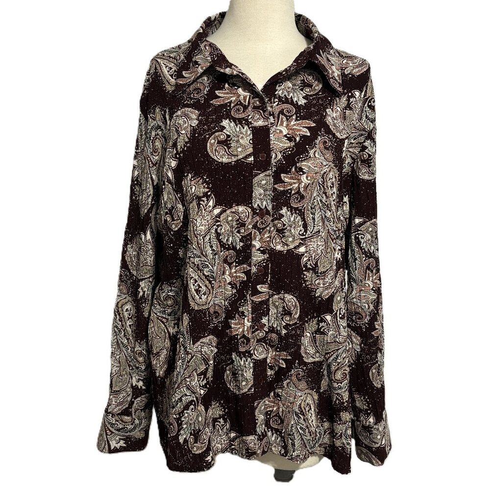 East 5th XL Paisley Crinkle Button Front Blouse Brown Long Sleeve Stretch Top